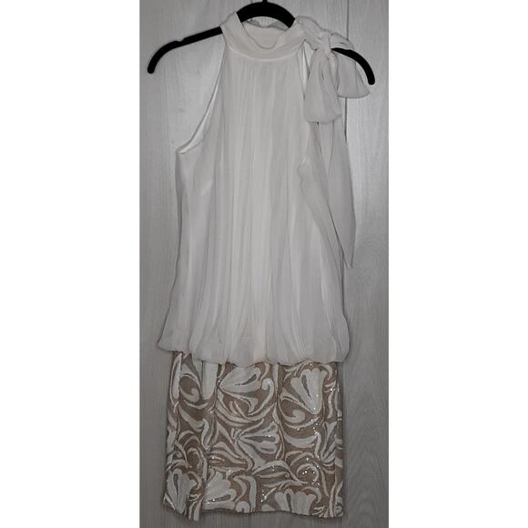 Cache Cocktail Party Mini Dress Size Medium White Tan Silver Side Neck Tie - Picture 1 of 6